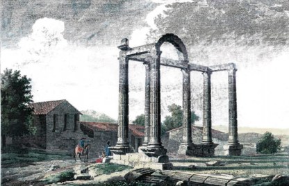 Grabado de Alejandro Laborde, 1865. En primer plano el templo de los Mármoles, al fondo las 3 columnas del templo de la Cilla, hoy también salvadas de las aguas.