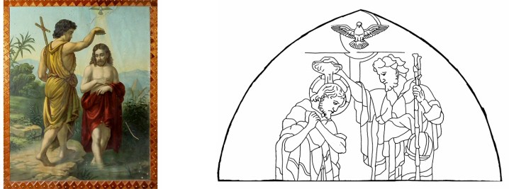 Cuadro del baptisterio y dibujo de la escena central de la vidriera del Bautismo de Jesús, por Angel Castaño. Peraleda de la Mata.