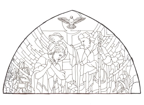 Dibujo vidriera del Bautismo de Jesús, por Angel Castaño. Peraleda de la Mata.