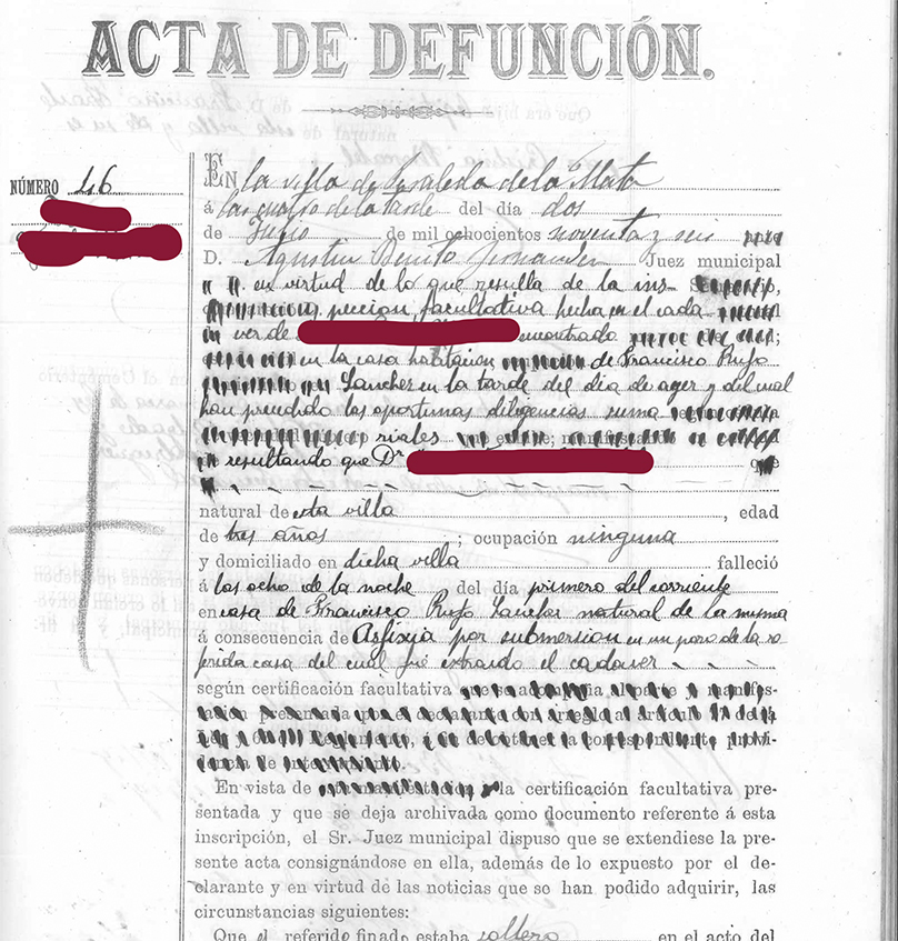 Acta de defunción de uno de los niños